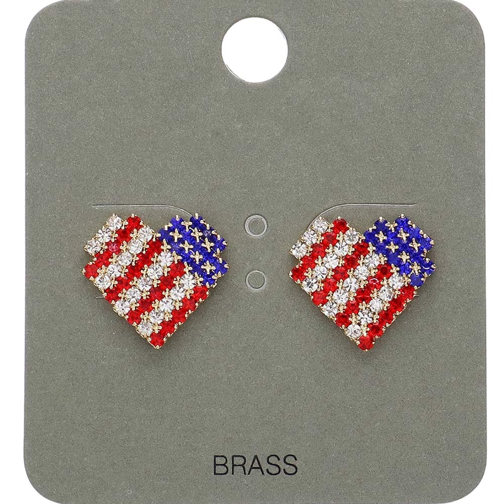 American USA Flag Rhinestone Heart Stud Statement Earrings